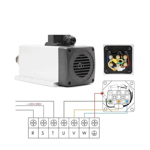 3.5kW ER20 CNC Spindle Motor Air Cooled 220V/380V with four bearings and wiring details, front and connection view