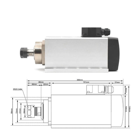 Side view of 3.5kW ER20 CNC Spindle Motor Air Cooled 220V/380V Four Bearings With 0.01mm Runout, including detailed dimensions.