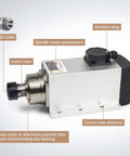 Close-up of a Powerful 4.5 KW Air Cooled Spindle Motor For CNC Router Milling And Engraving 18000 RPM, showing ER32 collet and motor components