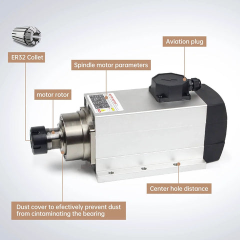 Close-up of a Powerful 4.5 KW Air Cooled Spindle Motor For CNC Router Milling And Engraving 18000 RPM, showing ER32 collet and motor components
