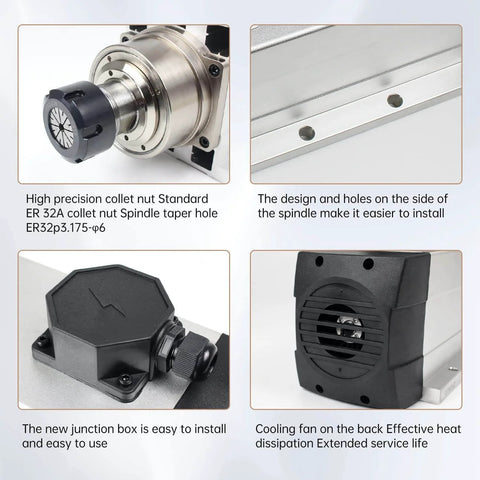 Powerful 4.5 KW Air Cooled Spindle Motor For CNC Router Milling And Engraving 18000 RPM ER32 Four Bearings Detail View