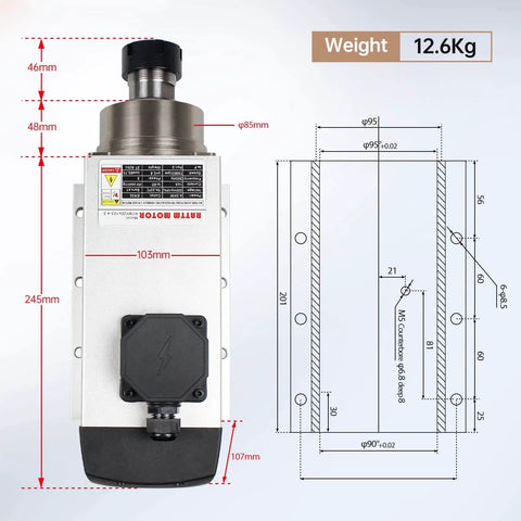 Diagram of Powerful 4.5 KW Air Cooled Spindle Motor for CNC, with dimensions and specs visible, showing front view.