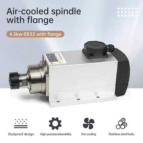 Powerful 4.5 KW Air Cooled Spindle Motor For CNC Router Milling And Engraving 18000 RPM ER32 Collet four bearings with flange