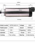 High Speed CNC Spindle Motor Air Cooled 800W 1.5KW 2.2KW With Four Bearings 220V, detailed dimensions and specifications