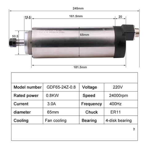 High Speed CNC Spindle Motor Air Cooled 800W 1.5KW 2.2KW With Four Bearings 220V, detailed dimensions and specifications