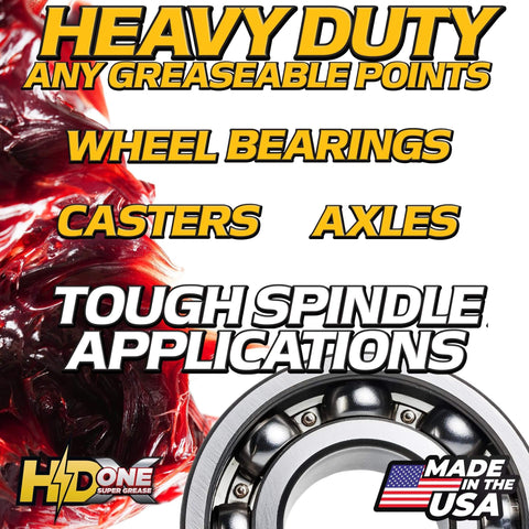 Heavy Duty High Temp Bearing Grease for Lawn Mowers and Spindles text with grease and bearing illustration