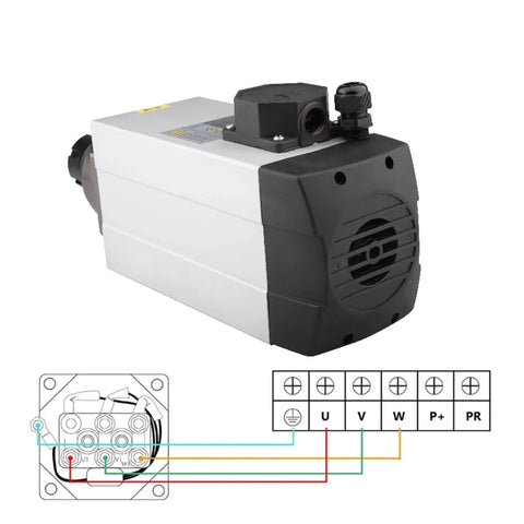 Beefy 4.5KW Air Cooled CNC Spindle 220V 380V Square Mount With ER32 Collet shown with wiring diagram
