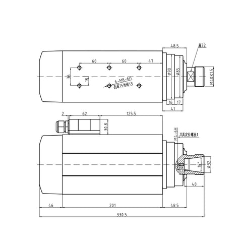 Technical drawing of Beefy 4.5KW Air Cooled CNC Spindle 220V 380V Square Mount with ER32 collet and four bearings