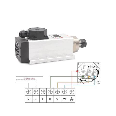 Beefed Up 2.2kW ER20 Air Cooled Spindle Kit With Flange, wiring diagram, 0.01mm accuracy, shown with electrical connections