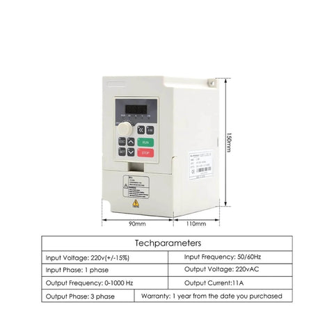 Dimensions and specs of inverter VFD for Beefed Up 2.2kW ER20 Air Cooled Spindle Kit, showing controls and size measurements.
