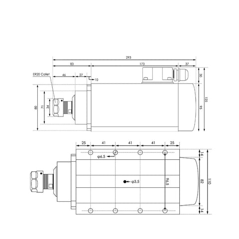 Technical diagram of Beefed Up 2.2kW ER20 Air Cooled Spindle Kit With Flange, 0.01mm Accuracy, Square Type, 4 Steel Bearings