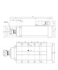 Technical drawing of Beefed Up 2.2kW ER20 Air Cooled Spindle Kit with flange and inverter, including dimensions and specifications.
