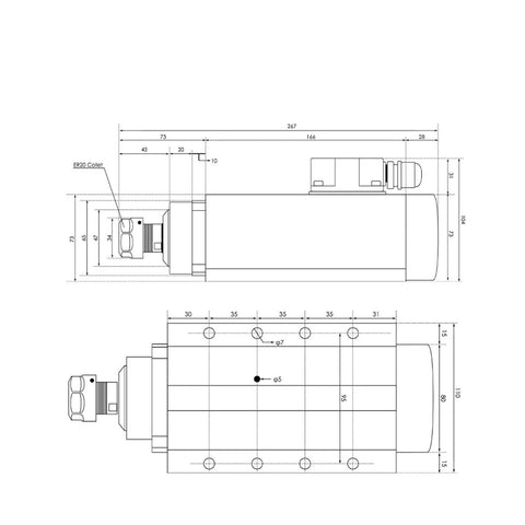 Technical drawing of Beefed Up 2.2kW ER20 Air Cooled Spindle Kit with flange and inverter, including dimensions and specifications.