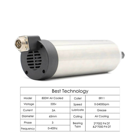 0.8kW ER11 Air Cooled Spindle Motor For Engraving, Milling And Grinding with 65mm Chuck and Ball Bearings next to specifications chart