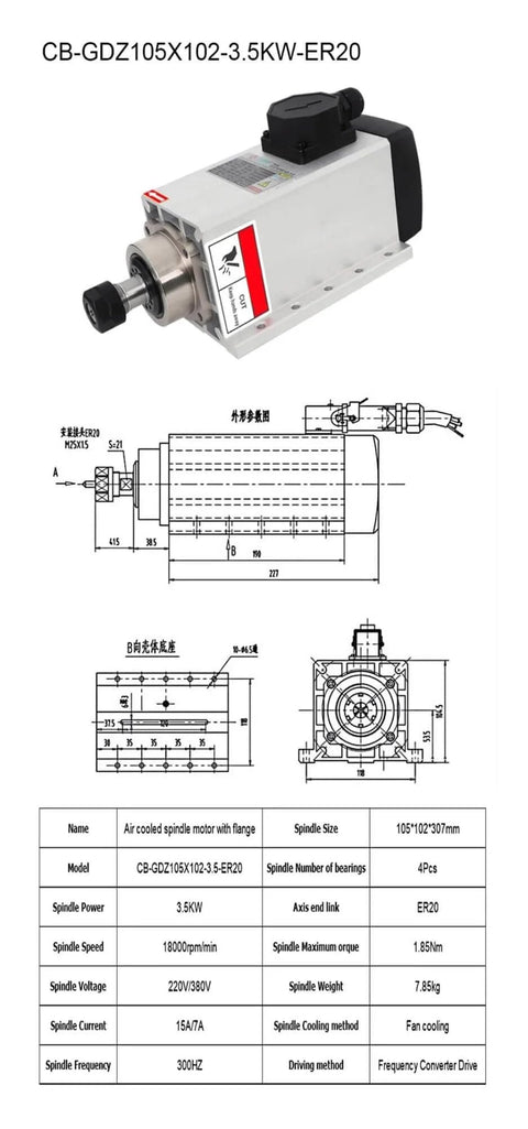 Pro Grade 3.5KW Air Cooled Spindle Motor Kit with 105X102MM ER20, 380V, 24,000 RPM, diagram and specs displayed