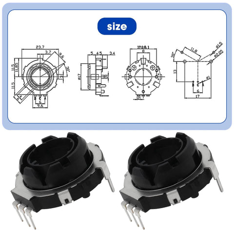 Two Pack Hollow Shaft Encoder EC25 SRGP200200 with size diagram for car volume control and Cuisinart TOA65 rotary compatibility.