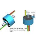 Hollow Slip Ring Rotary Connector with 50mm inner hole, showing assembly with fixed stator and aluminum ring for electric motors.