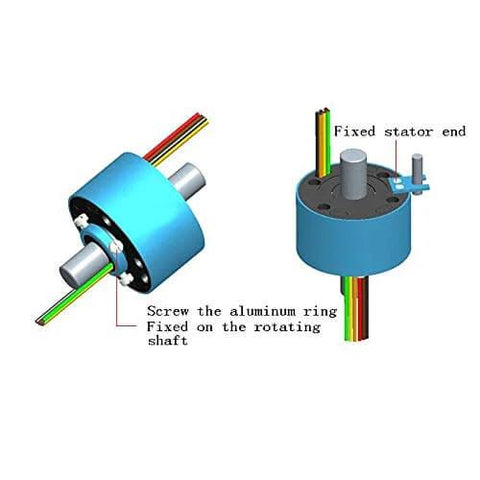 Hollow Slip Ring Rotary Connector with 50mm inner hole, showing assembly with fixed stator and aluminum ring for electric motors.