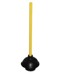 PVC 24-inch toilet plunger with yellow handle and black rubber suction cup, front view.