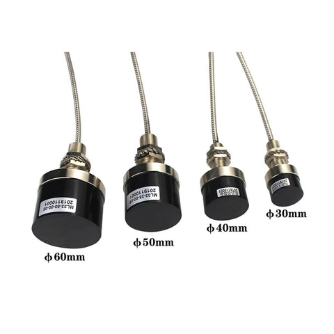 Four sizes of Two Millimeter Eddy Current Displacement Sensor IP67 Non Contact Type with stainless steel body and cables.