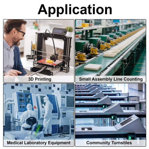 Applications of IR Break Beam Sensor With 5mm LEDs, Counting Module in 3D printing, assembly line, medical equipment, and turnstiles.