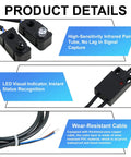 Close-up of IR Break Beam Sensor With 5mm LEDs and wear-resistant cable, showing high-sensitivity infrared and LED visual indicator for motion detection.