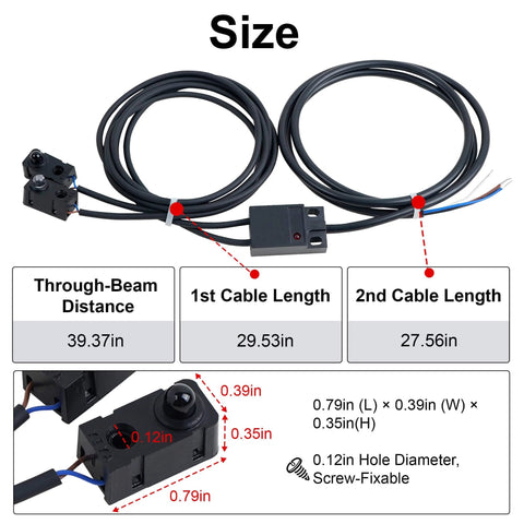IR Break Beam Sensor With 5mm LEDs, counting module with cable dimensions, length details of 39.37in, 29.53in, and 27.56in for setup.