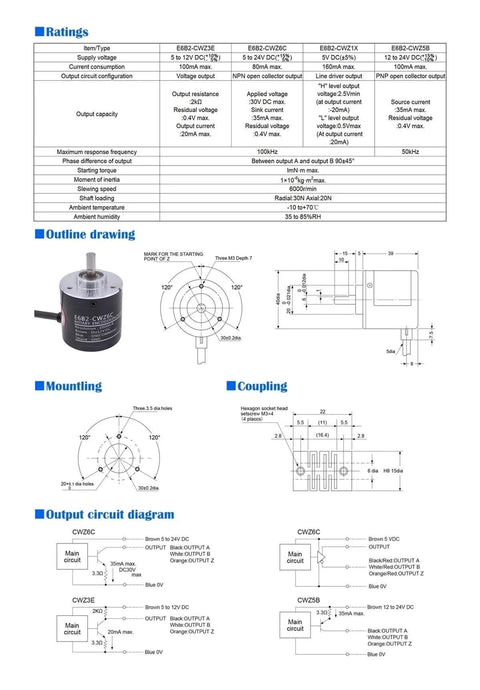 Specifications and diagrams for Incremental Rotary Encoder E6B2-CWZ6C 1000 P R 5-24V DC NPN Output, Compact Rugged Lightweight Sensor