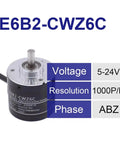 Incremental Rotary Encoder E6B2-CWZ6C 1000 P R 5-24V DC NPN Output specifications with voltage, resolution, and phase details.