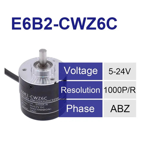 Incremental Rotary Encoder E6B2-CWZ6C 1000 P R 5-24V DC NPN Output specifications with voltage, resolution, and phase details.