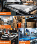 Collage of industrial settings: large printing machine, courier warehouse racks, auto repair with open hood car, chemical processing system.