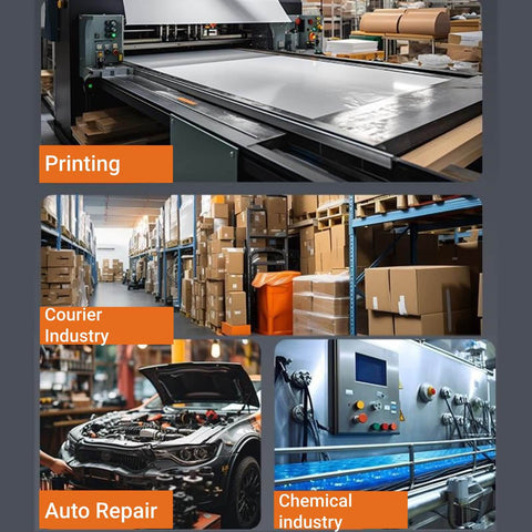 Collage of industrial settings: large printing machine, courier warehouse racks, auto repair with open hood car, chemical processing system.