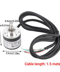 Incremental Rotary Encoder With AB Two Phase Output for industrial measurement, 6mm shaft, labeled dimensions, black cable, 1.5m length