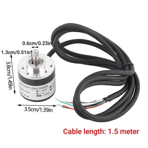 Incremental Rotary Encoder With AB Two Phase Output for industrial measurement, 6mm shaft, labeled dimensions, black cable, 1.5m length
