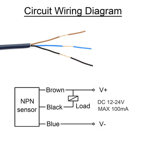 Circuit wiring diagram for Indoor Wall Mounted Photoelectric Beam Sensor with NPN and NO NC switchable output, 6.5ft cable