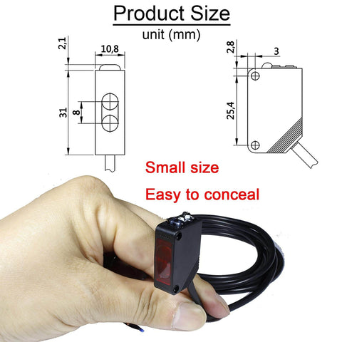 Hand holding Indoor Wall Mounted Photoelectric Beam Sensor with NPN and NO NC switchable output, dimensions displayed above.