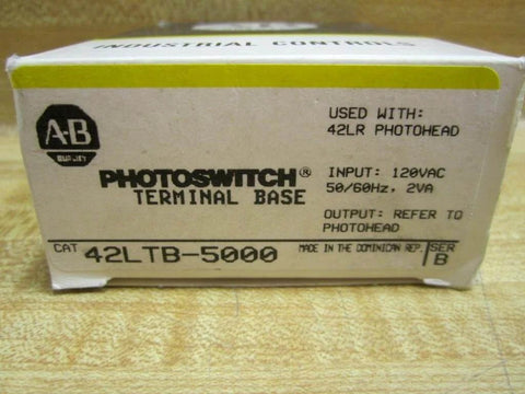 42LTB-5000 Photo Terminal Base Switch packaging with 120V AC input and 2 VA output details for industrial control panels