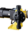 Side view of Workhorse Metering Pump Diaphragm Dosing Pump for liquid transfer, rust-resistant pump head, industrial lab use