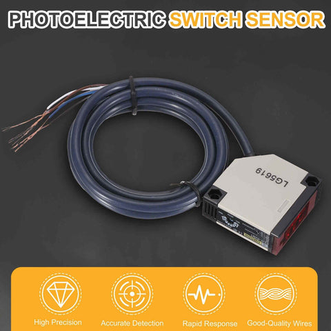 Industrial Diffuse Reflection Photoelectric Sensor 3A 12-24VDC, white housing, with cable for automation, NC NO switch, NPN/PNP outputs.