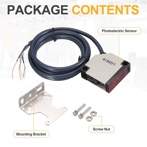 Industrial Diffuse Reflection Photoelectric Sensor 3A 12-24VDC with NPN/PNP outputs, includes mounting bracket and screws