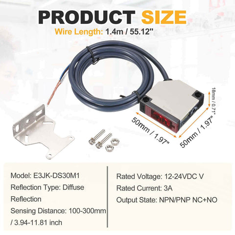 Industrial Diffuse Reflection Photoelectric Sensor 3A 12-24VDC 100-300mm Detection Range with NPN/PNP Outputs shown with mounting bracket