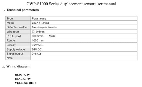 CWP-S1000 Series displacement sensor user manual with technical parameters and wiring diagram, 1000mm Draw Wire Encoder specs.