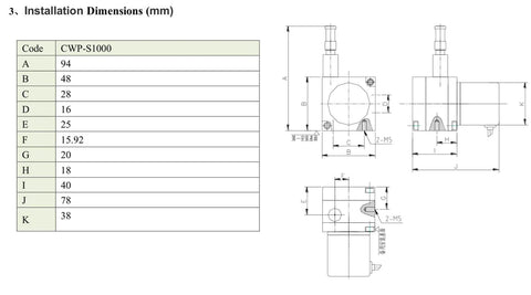 Technical drawing of 1000mm Draw Wire Encoder With 24V DC Supply And 0 To 5K Ohm Output for installation dimensions in mm.