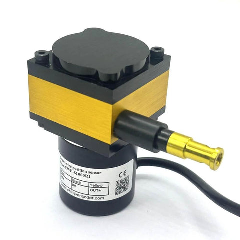 1000mm Draw Wire Encoder With 24V DC Supply And 0 To 5K Ohm Output, black and gold design, pro grade sensor close-up view