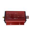 Front view of industrial displacement sensor with eddy current tech, red metal casing, RS485 output, showing connectors and labels