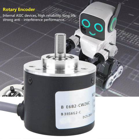 5 To 26V DC Incremental Rotary Encoder With 38mm Diameter NPN Open Collector Output ABZ 3 Phase General Purpose Encoder in front of a futuristic robot.