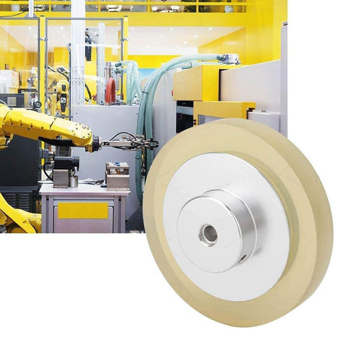 2 Pack Industrial Encoder Roller Wheel Set in industrial setting, wear resistant non slip polyurethane metering wheel for rotary encoders