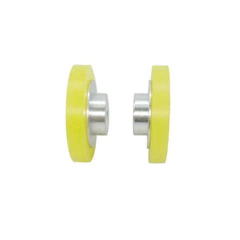 Side view of 2 Pack Industrial Encoder Roller Wheel Set, wear resistant non slip polyurethane metering wheel for rotary encoders, 68mm diameter.