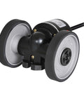 Autonics ENC 1 2 T 24 Incremental Rotary Encoder with dual wheels for industrial use, 12-24V DC, 4:1 gear ratio, close-up side view.