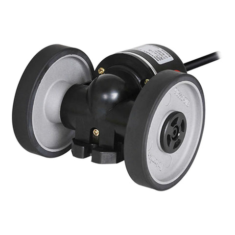 Autonics ENC 1 2 T 24 Incremental Rotary Encoder with dual wheels for industrial use, 12-24V DC, 4:1 gear ratio, close-up side view.